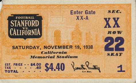 1938 Stanford Vs Cal Big Game Football Ticket