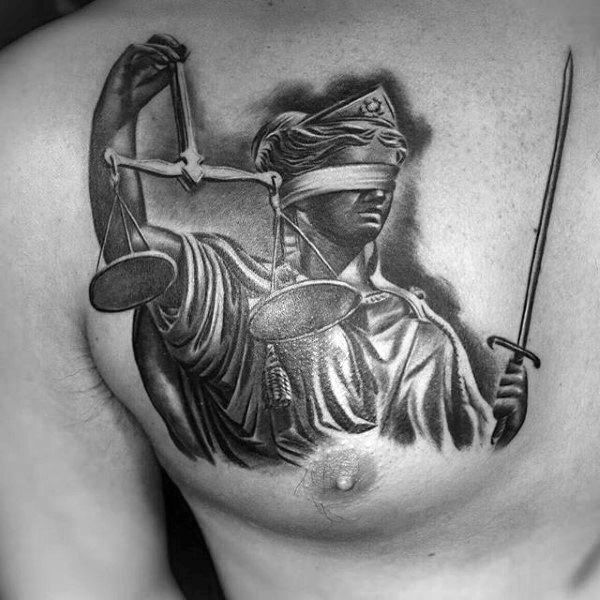 40 Lady Justice Tattoo Designs For Men Impartial Scale Ideas