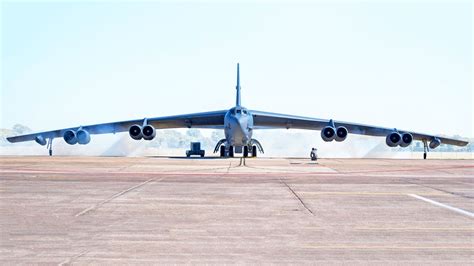 A Front View Of A B 52 Stratofortress Aircraft Taking Off Base