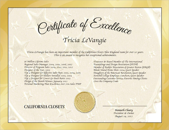 Award Of Excellence Sample Excel Templates