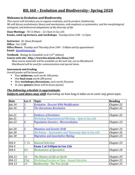 Bio 160 Syllabus Bil I60 Evolution And Biodiversity Spring 2020