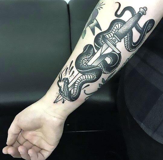 Black And Grey Dagger Snake Tattoo Idea Blackink Ai