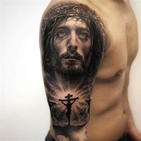 Black And Grey Jesus Christ Half Sleeve Tattoo