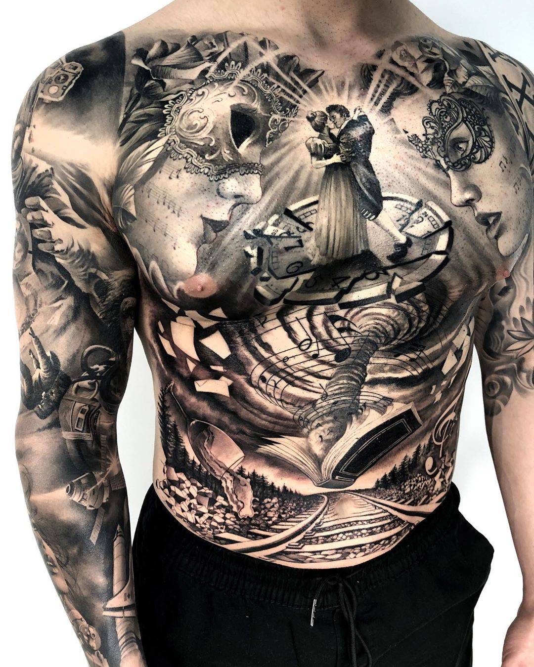 Black And Grey Realistic Full Sleeve Tattoo Of Jesus Christ On A Thorn