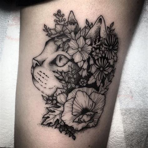 Cat And Flowers Tattoo Dot Style Impressive Looking Tattoo Of Cat