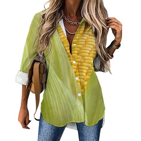 Corn Cob Women S Button Down Long Sleeve Shirts Irregular Hem Shirt