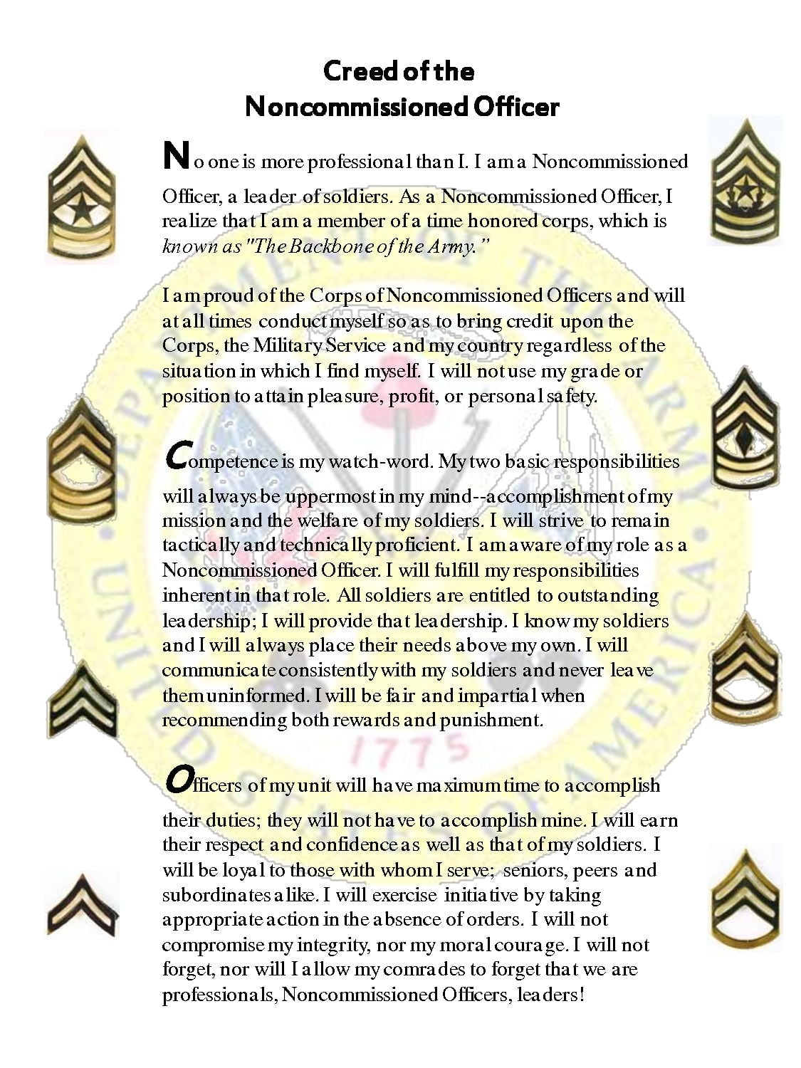 Creed Of The Non Commissioned Officer Non Commissioned Officer Cool