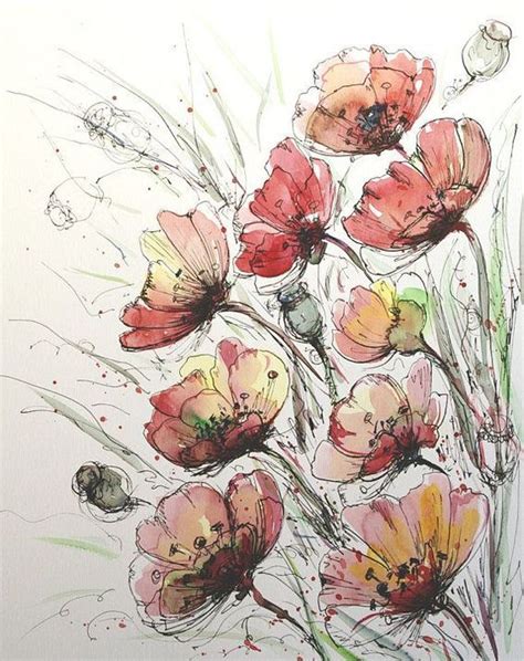 Elegant Poppies Original Floral Painting Watercolor And Ink Flowers