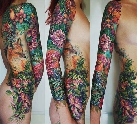 Fox And Garden Tattoo Nature Tattoo Sleeve Tattoos Floral Tattoo Sleeve