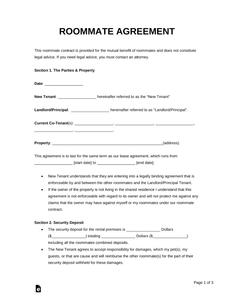 Free Printable Roommate Agreement Templates Word Pdf