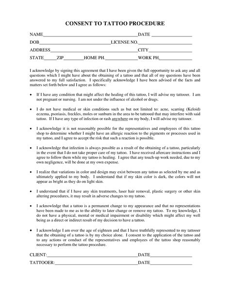 Free Printable Tattoo Consent Form Templates Pdf Example