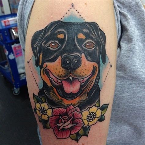 Great Old School Brown Rottweiler Dog Tattoo On Shin Tattooimages Biz