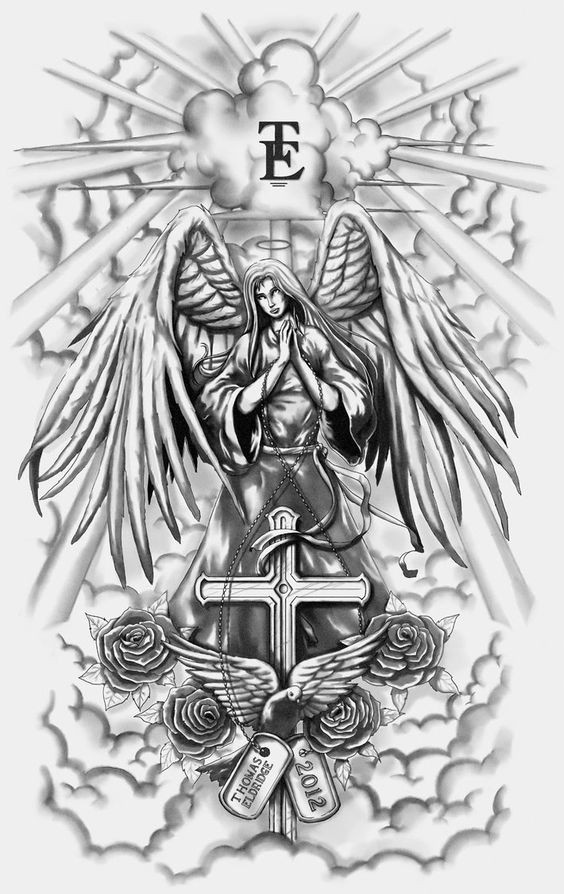 Grey Ink Praying Angel With A Cross And Dove Decorated With Roses