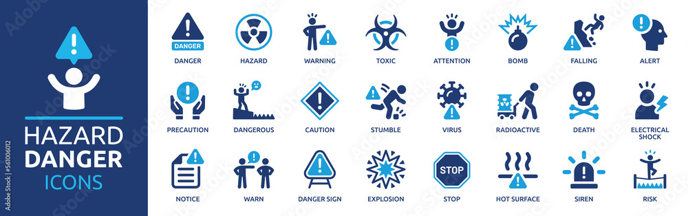 Hazard Danger Icon Set Containing Warning Sign Toxic Attention