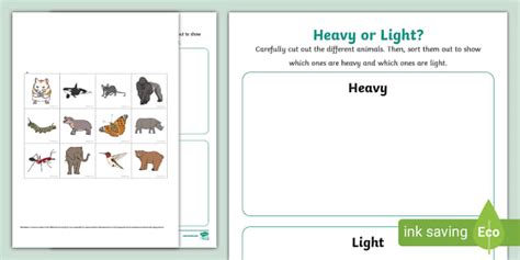 Heavy Or Light Animals Sorting Activity Teacher Made