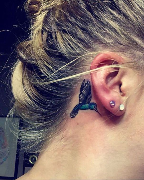 Hummingbird Tattoo Behind Ear