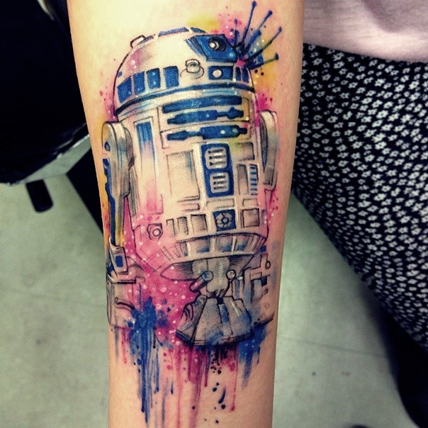 Impressive Multicolored Awesome Watercolor Forearm Tattoo Of Star Wars