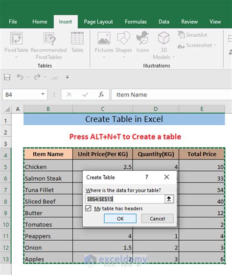 Insert Table Shortcut Excel Pnadash