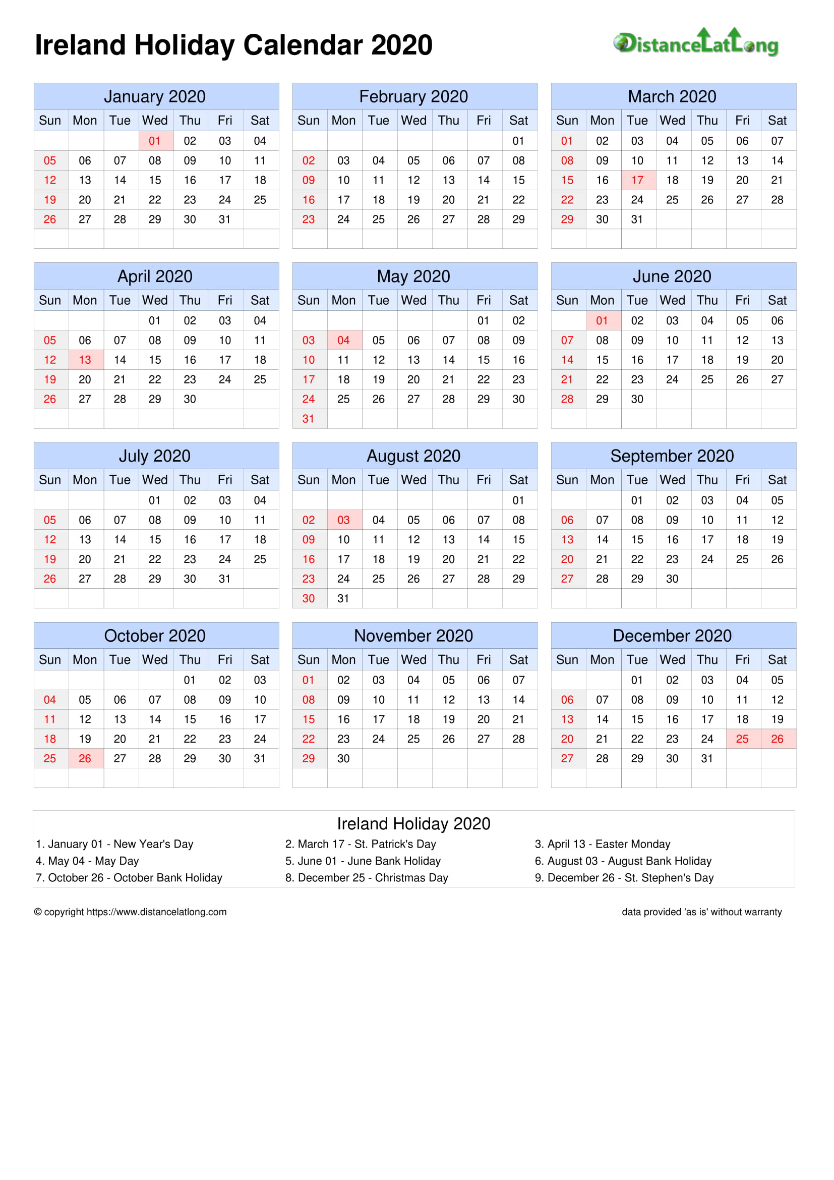 International Calendar Of Events 2024 Calendar 2024 Ireland Printable