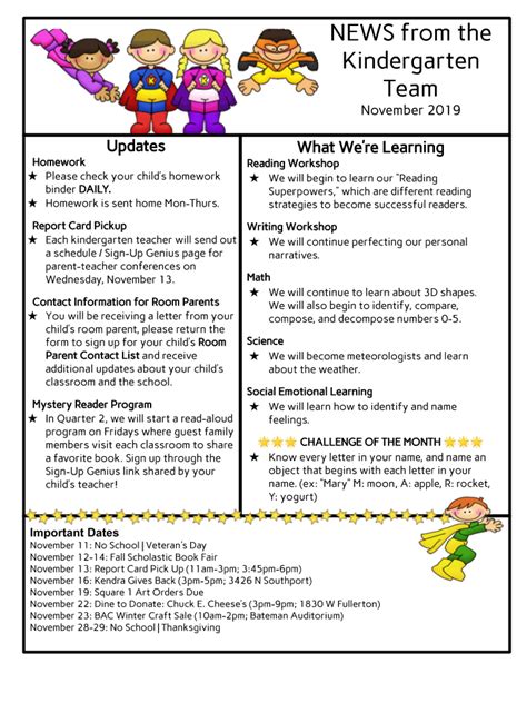 Kindergarten November Newsletter Newton Bateman Elementary School