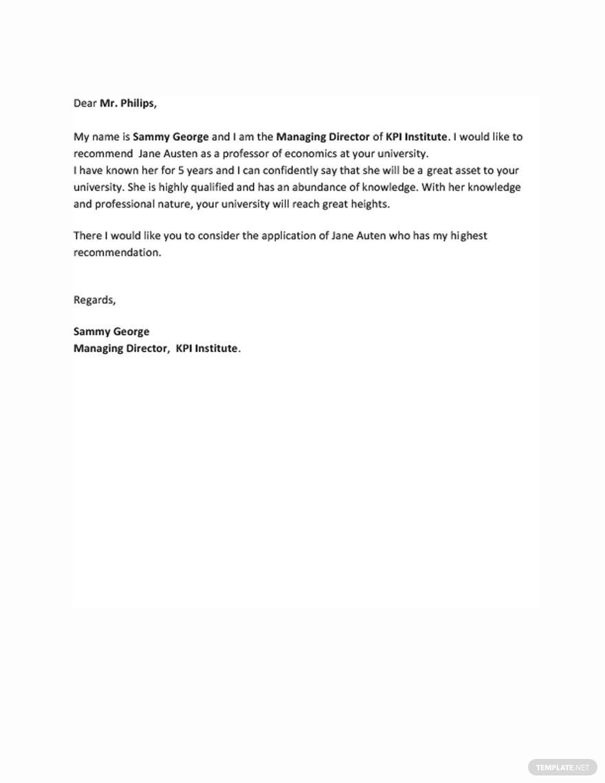 Letter Of Recommendation Professor Template