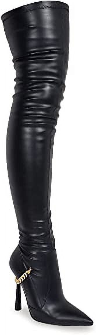 Liliana Polyurethane Vikki 1 Thigh High Pointy Toe Boot With Chain