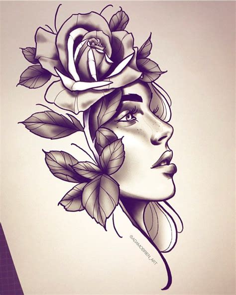 Minimal Dusty Pink And Black Flower Woman S Face Tattoo Tattoos Body