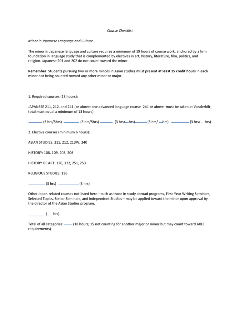 Minor Checklist Japanese Language And Culture