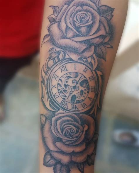 New Tattoo Clock With Roses Half Sleeve In Progress How S It