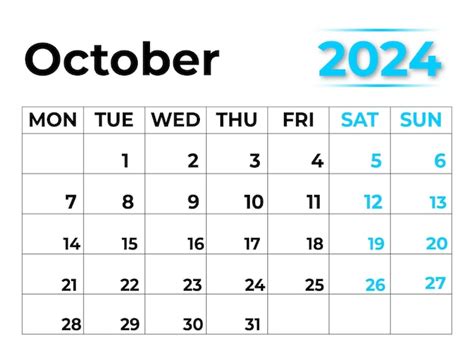 October 2024 Monthly Calendar With Very Clean Look Week Starts From