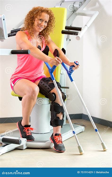 Patient Using Crutches And Orthopedic Brace Stock Image Image Of