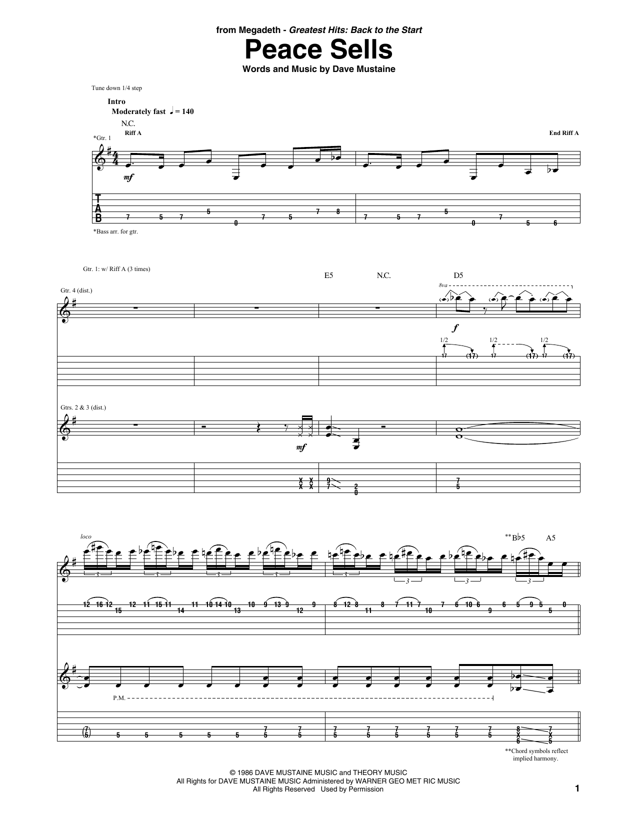 Peace Sells By Megadeth Sheet Music For Guitar Tab At Sheet Music Direct