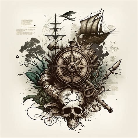 Pirate Ship Old Map Anchor Tattoo Design White Background Png File