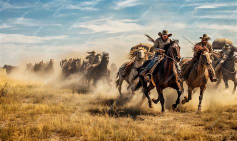 Premium Photo On An Open Prairie Indians On Horseback Weapons Drawn