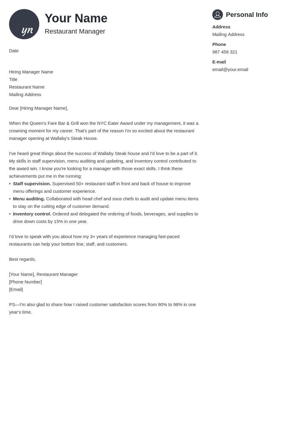 Restaurant Manager Cover Letter Examples Qwikresume