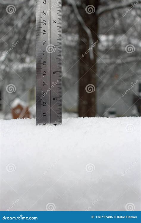 Ruler Measuring 4 Inches Of Snow Stock Photo Image Of White Snow 136717406