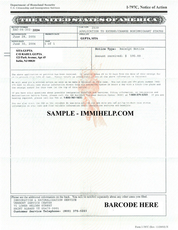 Sample Receipt Notice Tourist Visa Visitor Visa Extension Immihelp