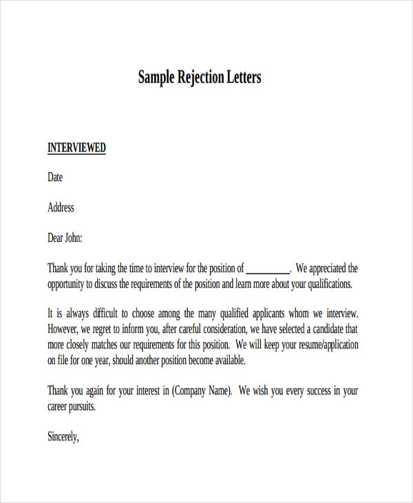 Sample Rejection Letters For Unsuccessful Applicants