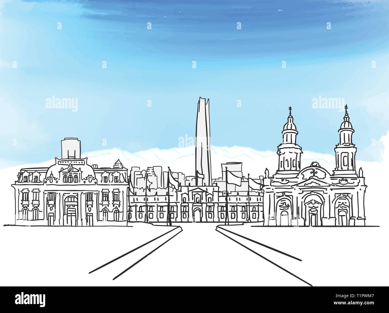 Santiago Chile Panorama Sketch With Sky Hand Drawn Outline Drawing