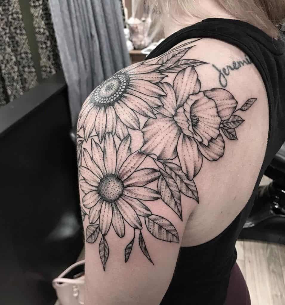 Shoulder Wrapped Tattoo Large Black And Grey Shading Sunflower Daisy