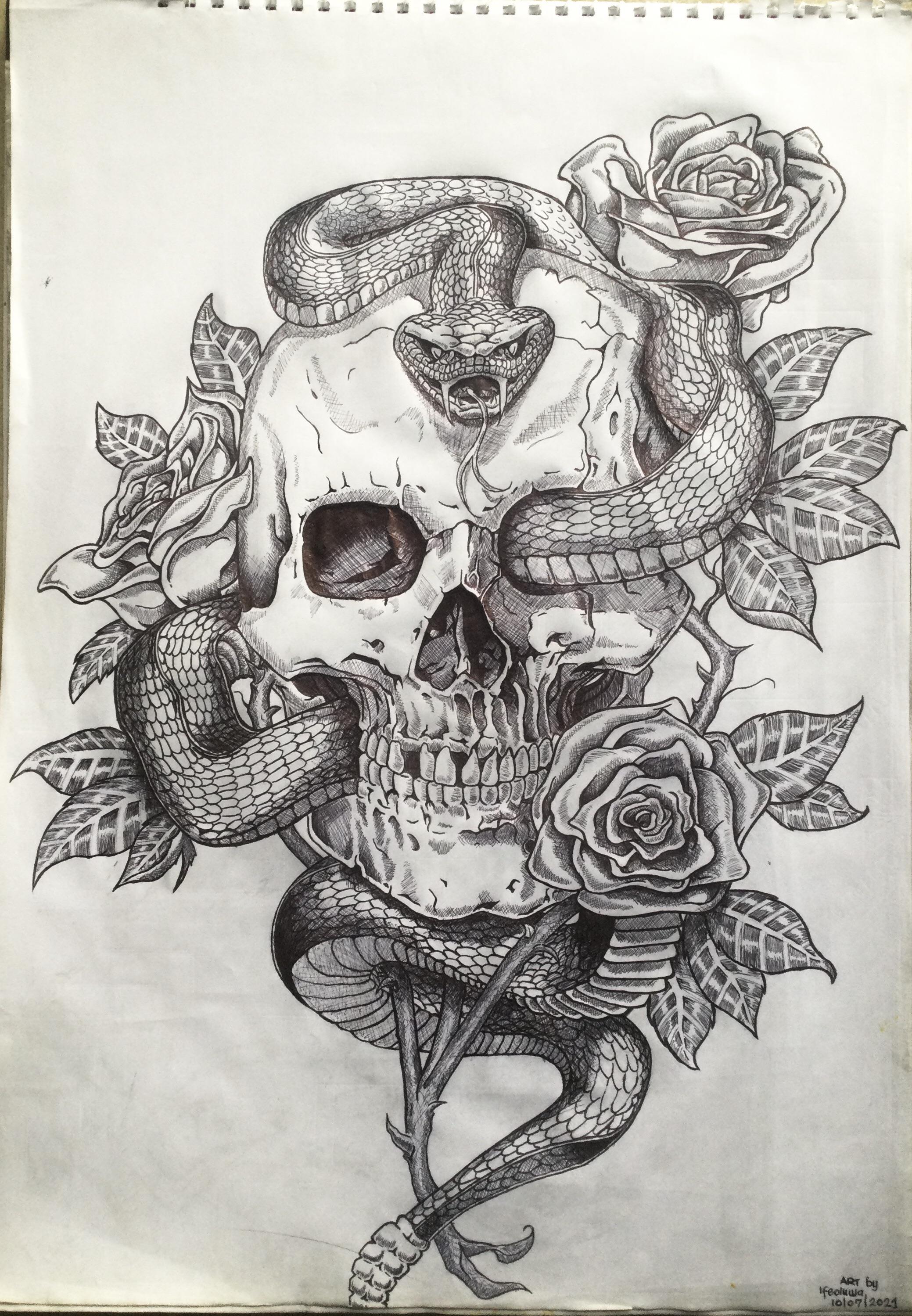 Snake Skull Roses Me Ballpen Ink 2021 R Art