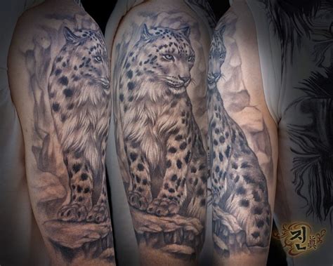 Snow Leopard Tattoo Sleeve By Jin Jintattoo Leopard Tattoos Skull