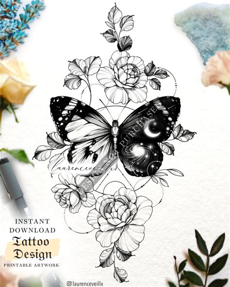 Tattoo Design For Women Tattoo Drawing Stencil Outline Ready To Download Galaxy Butterfly Peony