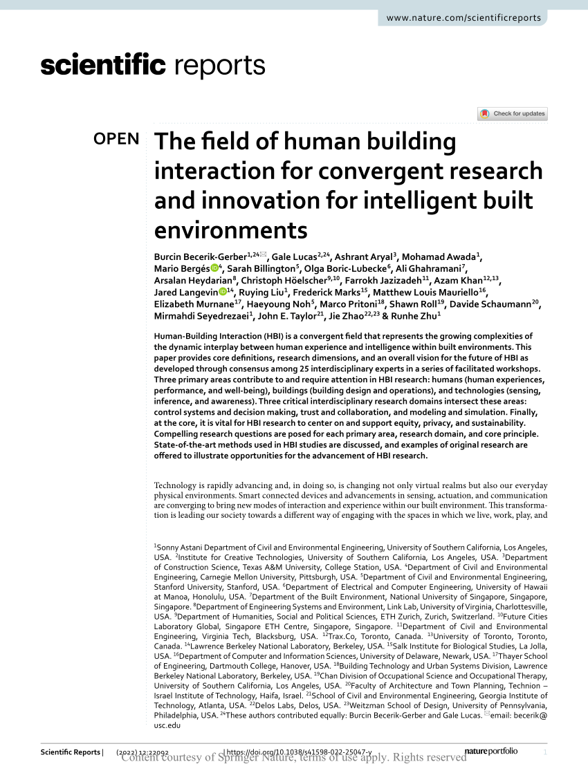 The Field Of Human Building Interaction For Convergent Research And Innovation For Intelligent Built Environments Scientific Reports