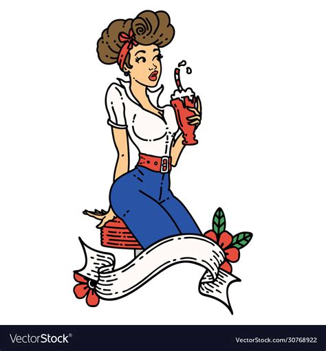 Traditional Tattoo A Pinup Girl Drinking Vector Image