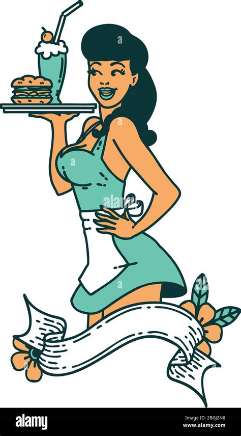 Traditional Tattoo Of A Pinup Waitress Girl Stock Vector Illustration Of Burger Drawing